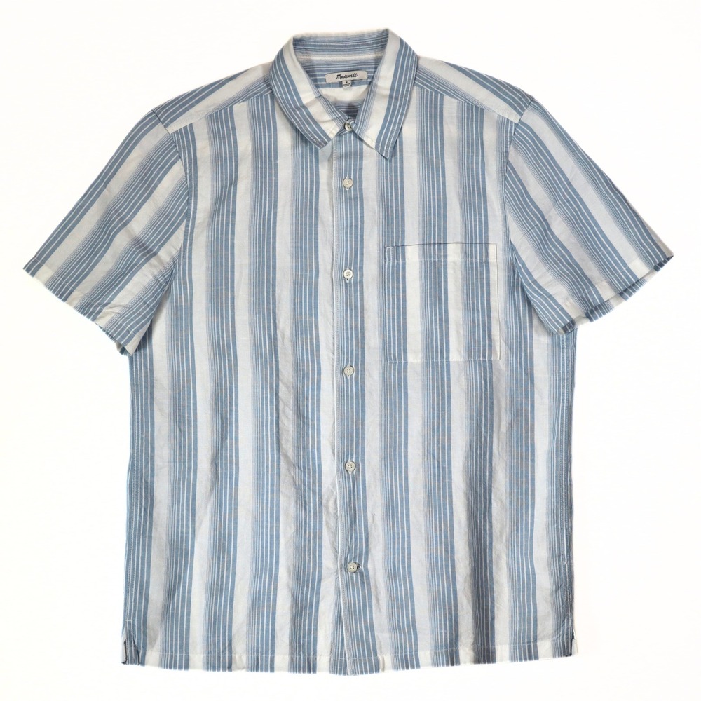 Madewell Button Down Shirt Mens M Blue Striped Linen Blend Short Sleeve Casual